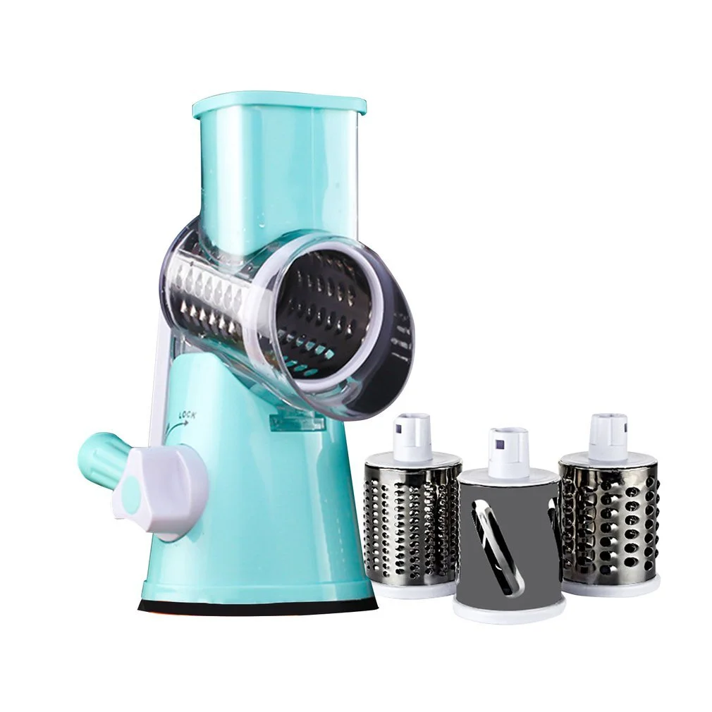 Manual 3 In 1 Rotary Cheese Grater Cheese Shredder Mandoline Stainless Steel Vegetable Slicer With 3 Blades With Suction Base 8