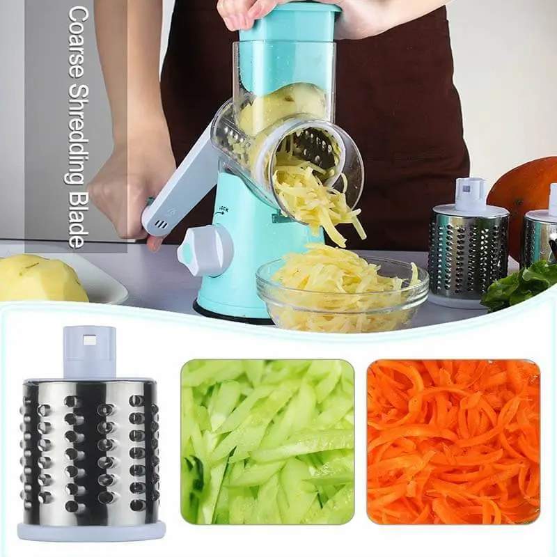 Manual 3 In 1 Rotary Cheese Grater Cheese Shredder Mandoline Stainless Steel Vegetable Slicer With 3 Blades With Suction Base 11