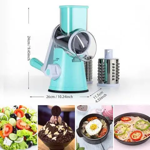 Manual 3 In 1 Rotary Cheese Grater Cheese Shredder Mandoline Stainless Steel Vegetable Slicer With 3 Blades With Suction Base 13